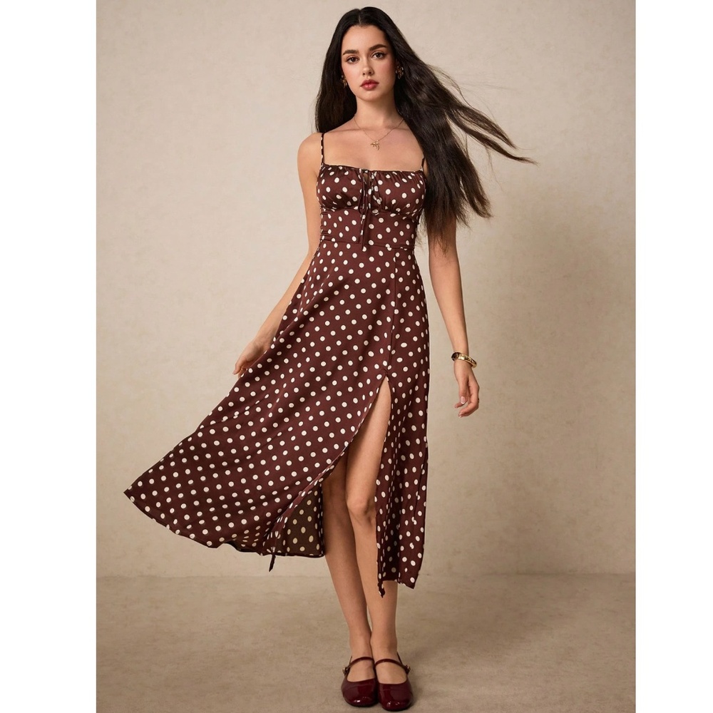 NWT - French Style Polka Dot Brown Midi Dress Leg Slit - Picture 2 of 16